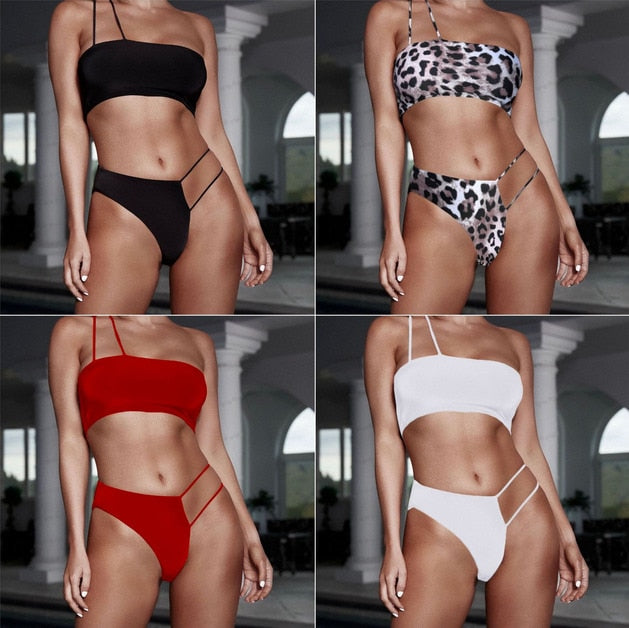 Sexy Solid Bandage One Shoulder Swimwear Bikini Set - The Discount Market